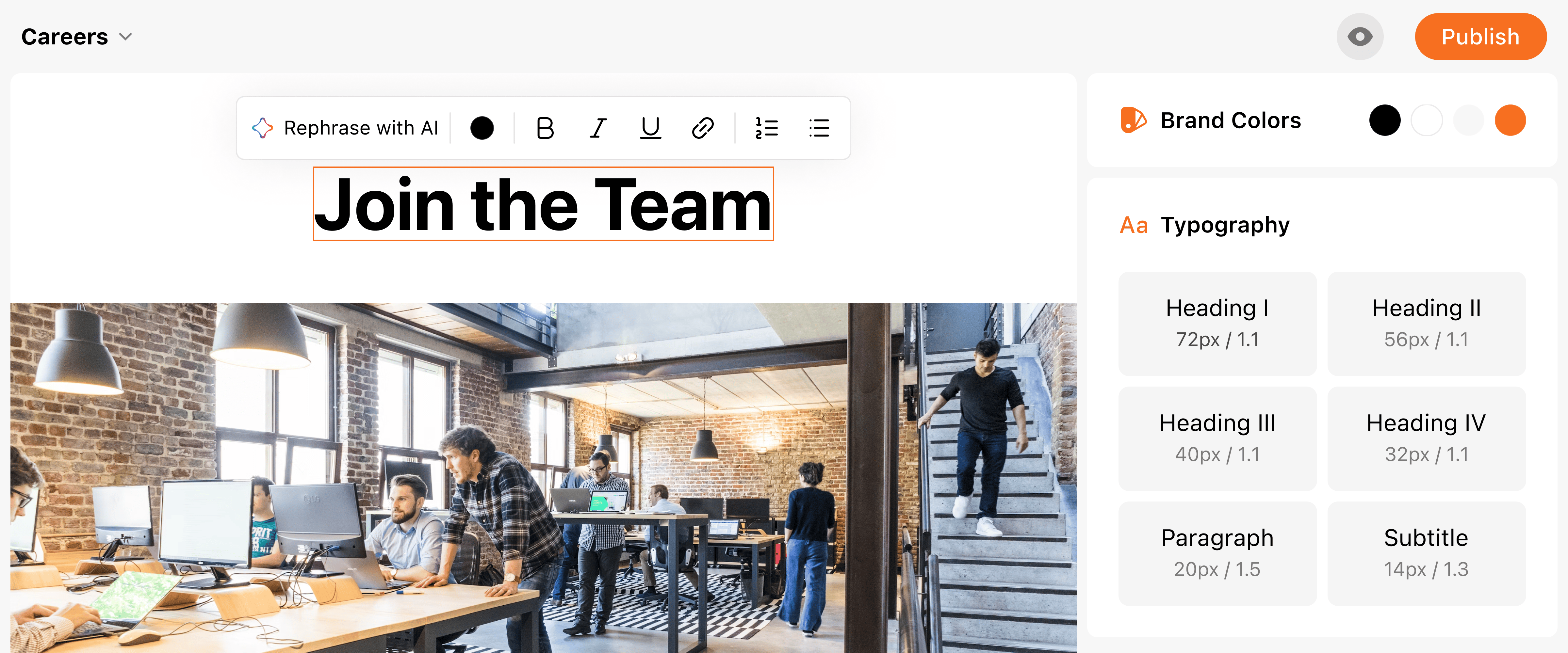 Circle’s career page editor with a ‘Join the Team’ headline over an image of a bustling office. The editor features AI copy rephrasing tools and styling options for brand colors and typography on the right.