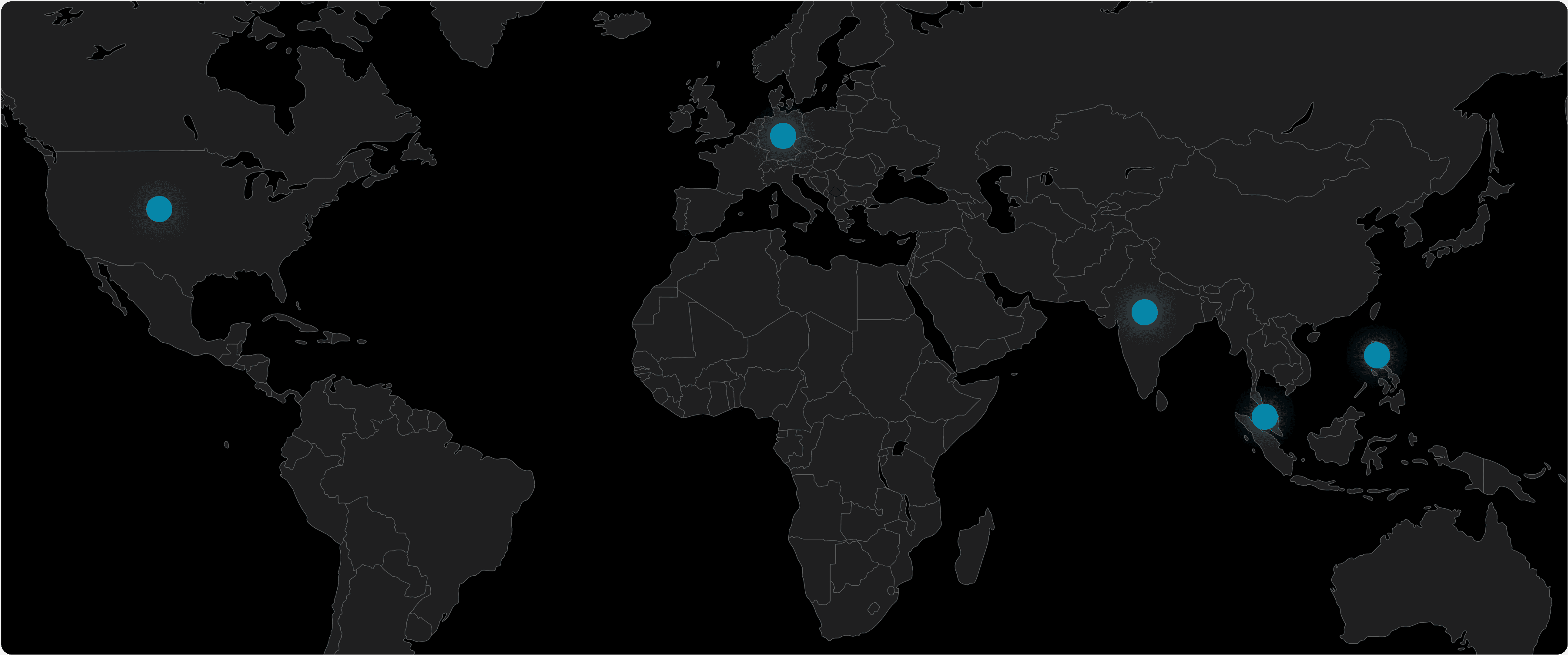 Global map displaying the distribution of Samespace's data centers, represented by bright blue circles against a dark background, symbolizing the company's international infrastructure footprint.