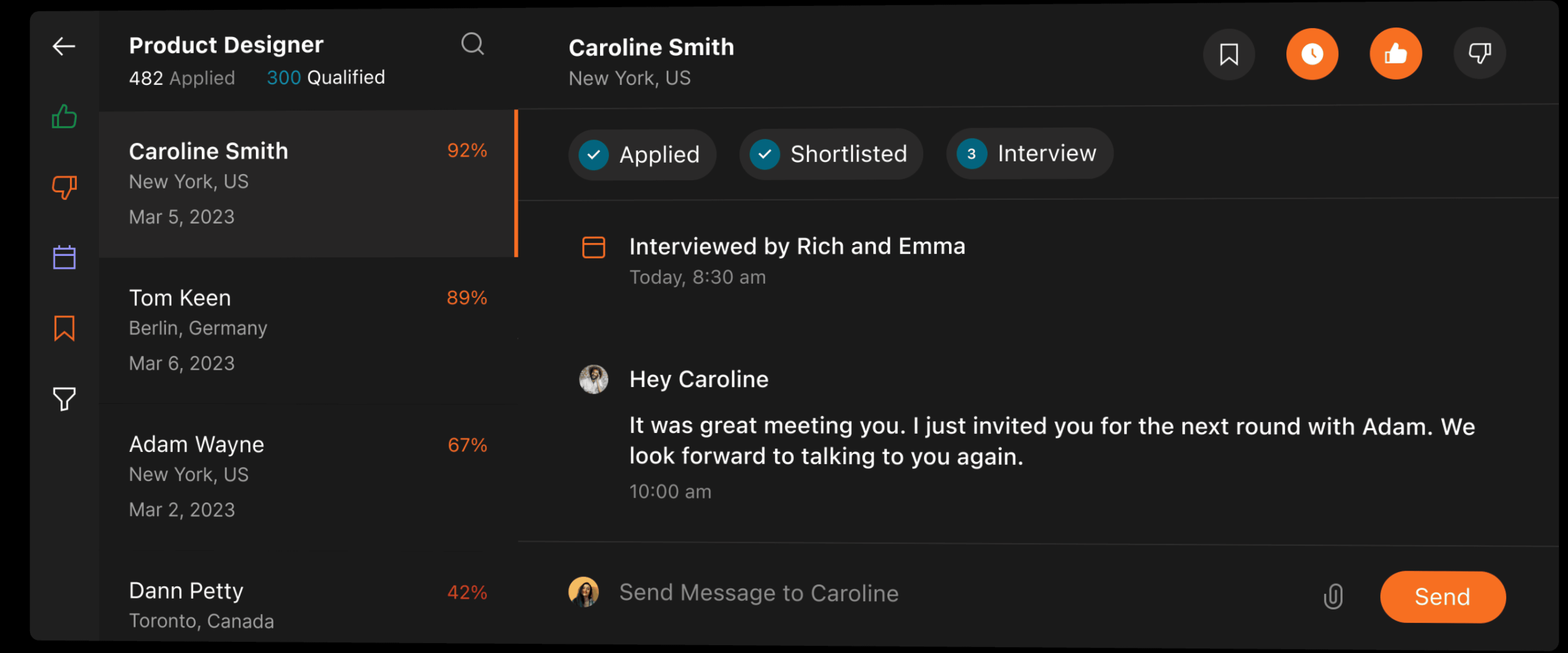 Unified candidate thread for Caroline Smith in Circle's hiring platform, detailing her high application score, communication with hiring team members, and her progress through the hiring stages, with functionality to send further messages and add notes.