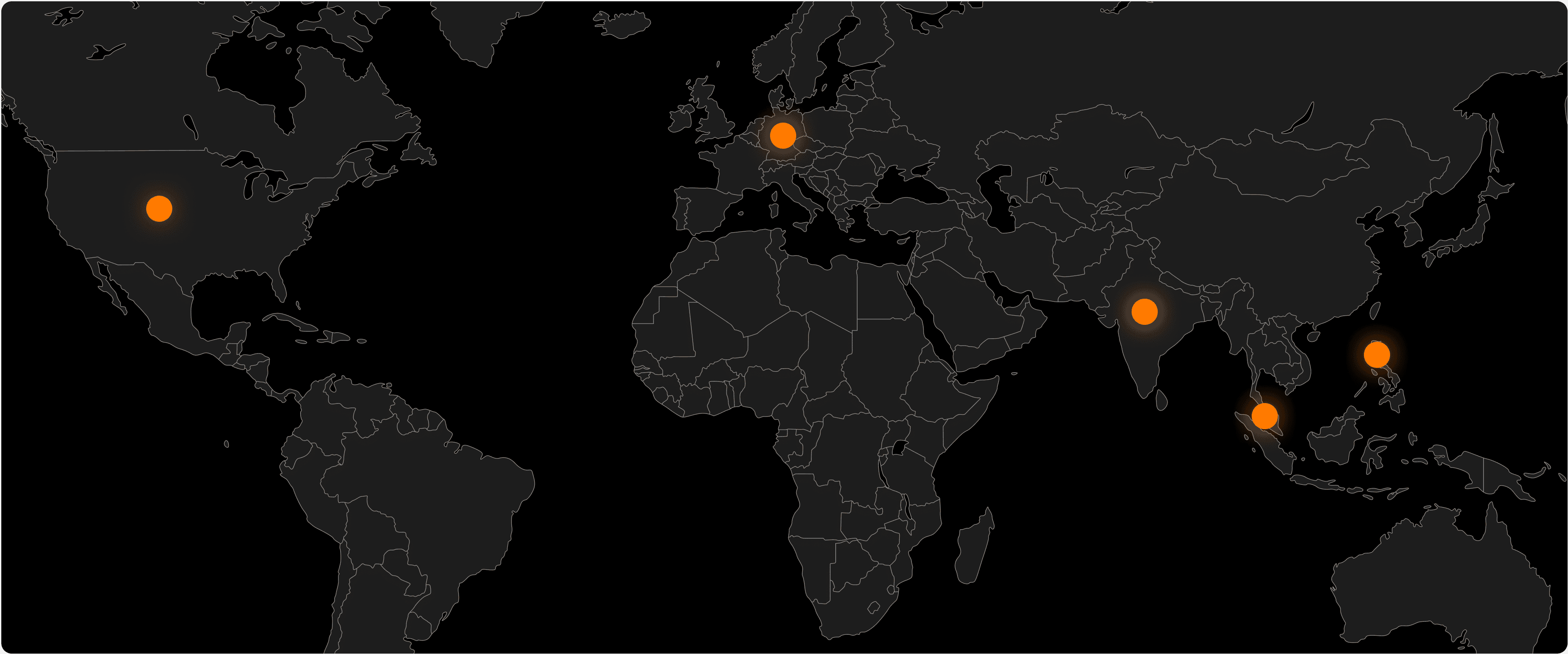 Global map displaying the distribution of Samespace's data centers, represented by bright orange circles against a dark background, symbolizing the company's international infrastructure footprint.