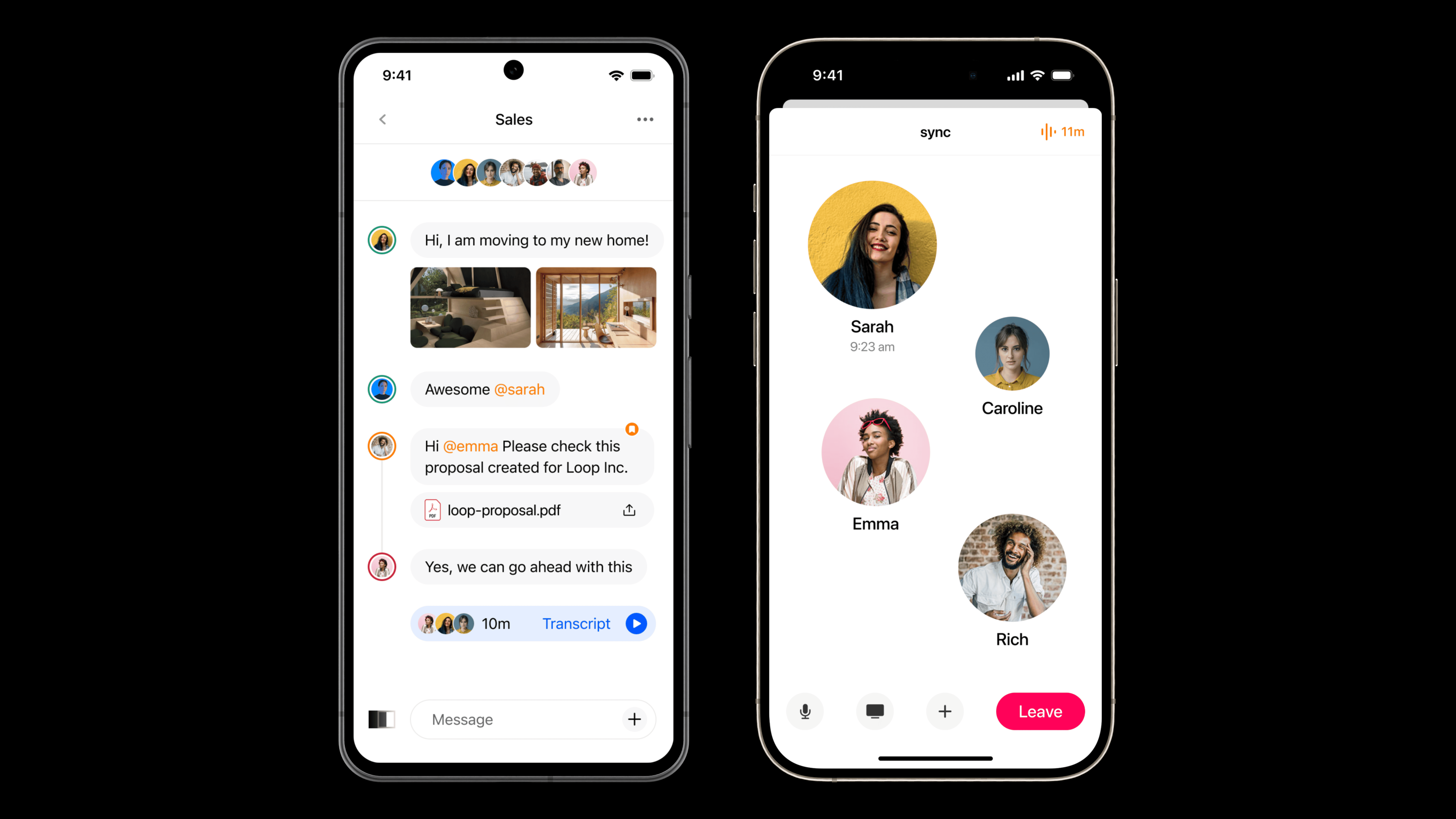 On the left, Tribe's Android app shows a sales chat thread with messages about moving to a new home, a proposal document, and team feedback. The right image shows Tribe's iOS app during a team call with Sarah, Caroline, Emma, and Rich.
